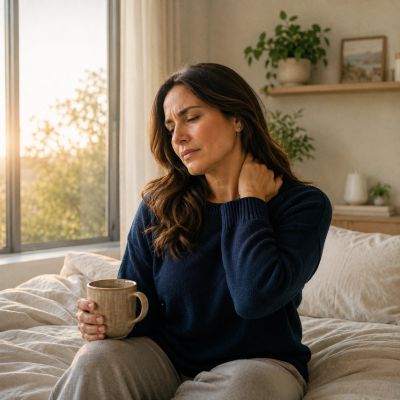 Woman drinking a cup of coffee showing somatic pain and stress