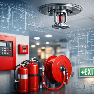 Fire safety equipment including extinguisher, hose, and alarm in a building.