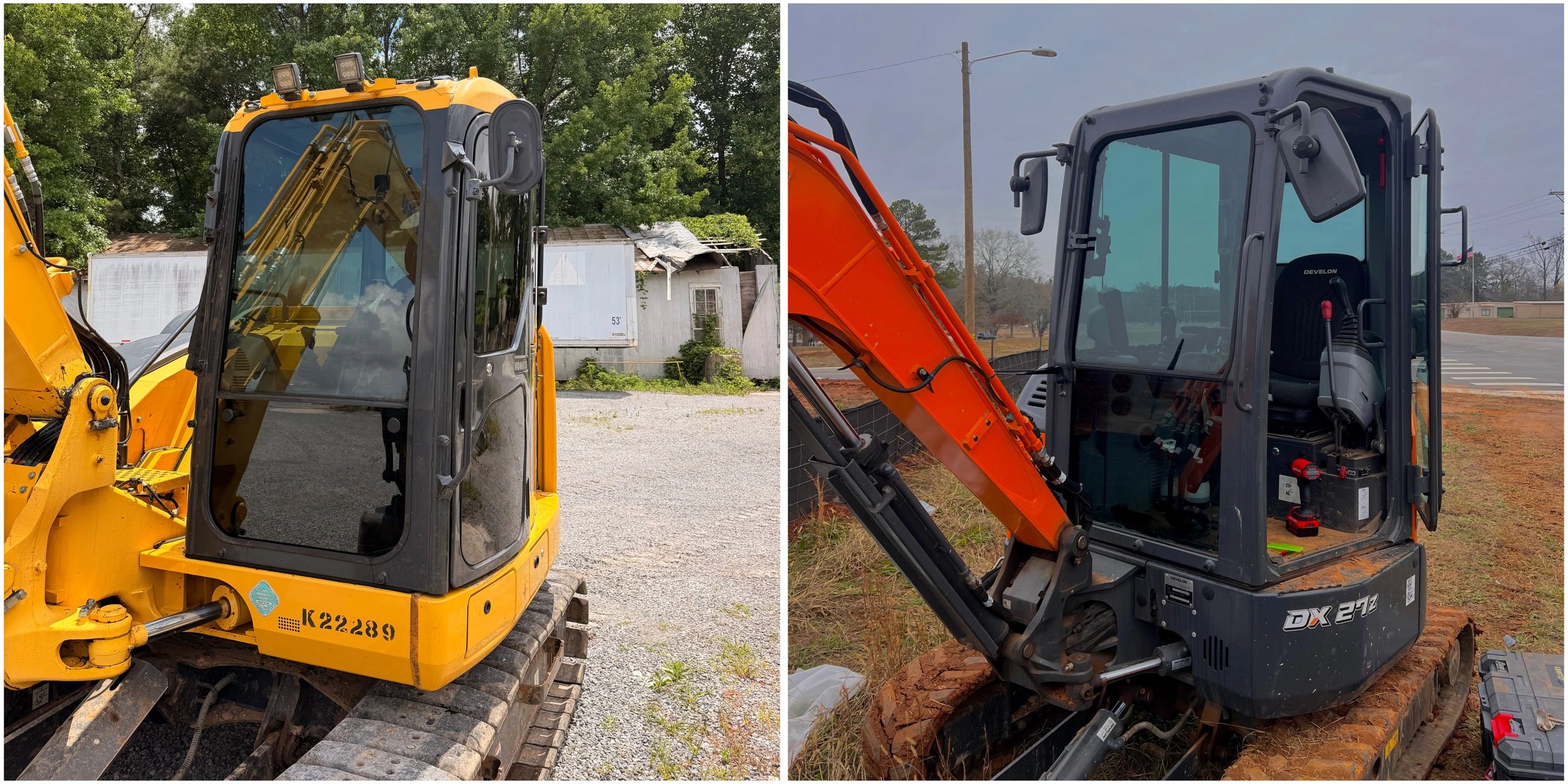 Two excavators side by side with different colors and backgrounds.