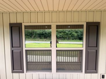 House window with black shutters reflecting greenery.