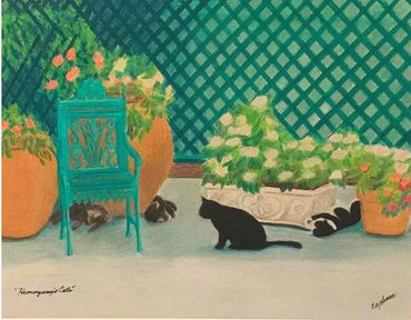 Original painting of Hemingway's Backyard, featuring descendants of his six-toed cats.