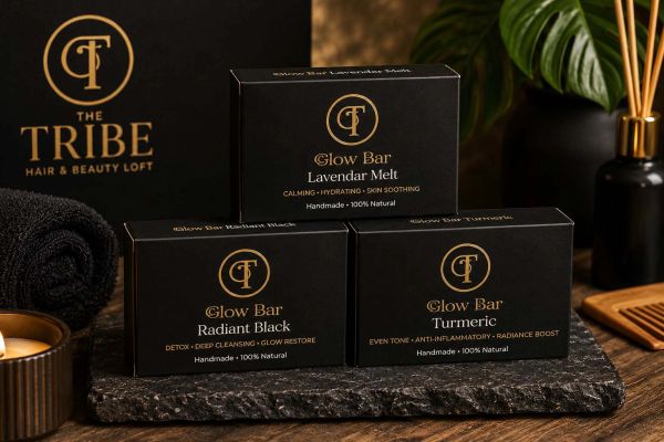 Three glow bar soap boxes from The Tribe Hair & Beauty Loft.