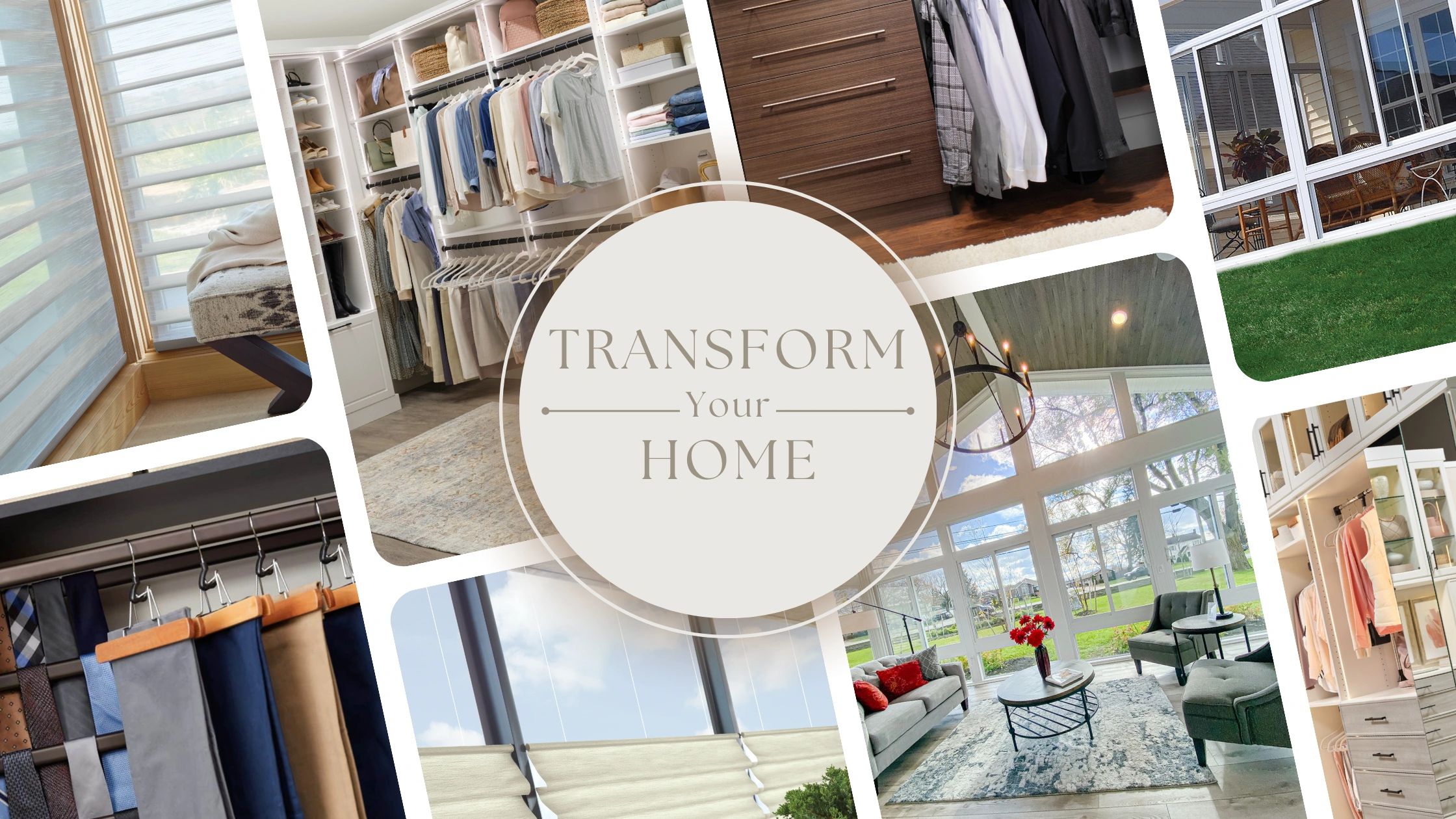 Collage showcasing home transformation ideas with organized closets, stylish interiors, and window treatments.