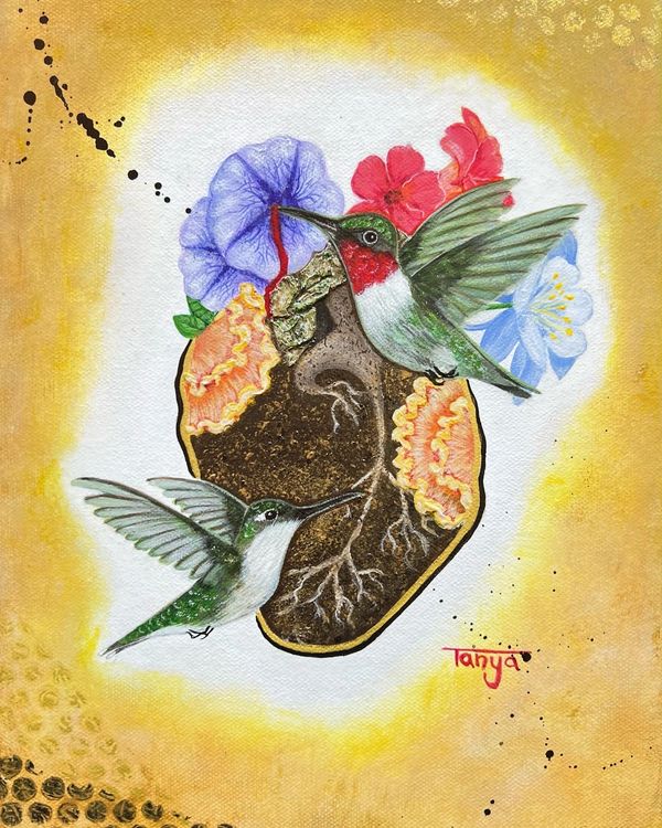 Anatomical heart with nature theme and hummingbirds.