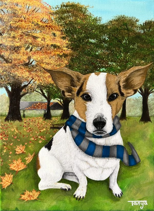 Dog in park with scarf.