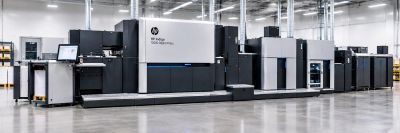 Large HP Indigo 12000 digital press machine in a factory.