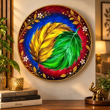 Decorative round wall art with colorful leaves and floral motifs.