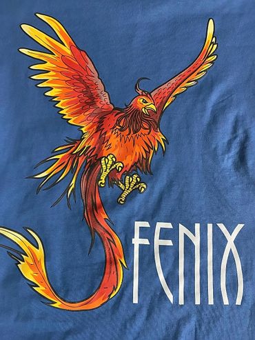 Colorful phoenix illustration with the word 'FENIX' on a blue background.