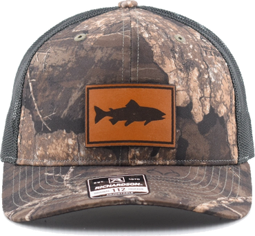 Camo baseball cap with fish patch and mesh back.