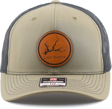 Beige and gray trucker hat with Lake Shasta logo patch.