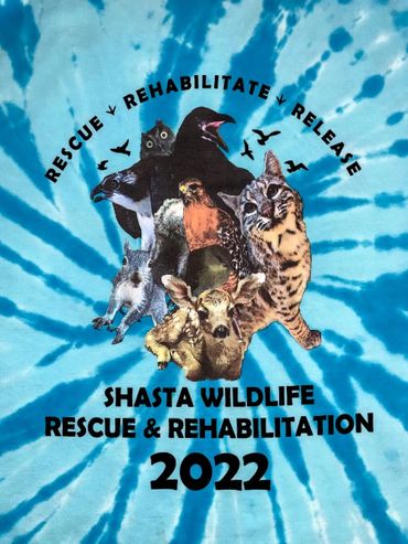Shasta Wildlife Rescue 2022 tie-dye shirt with various animals and slogan.