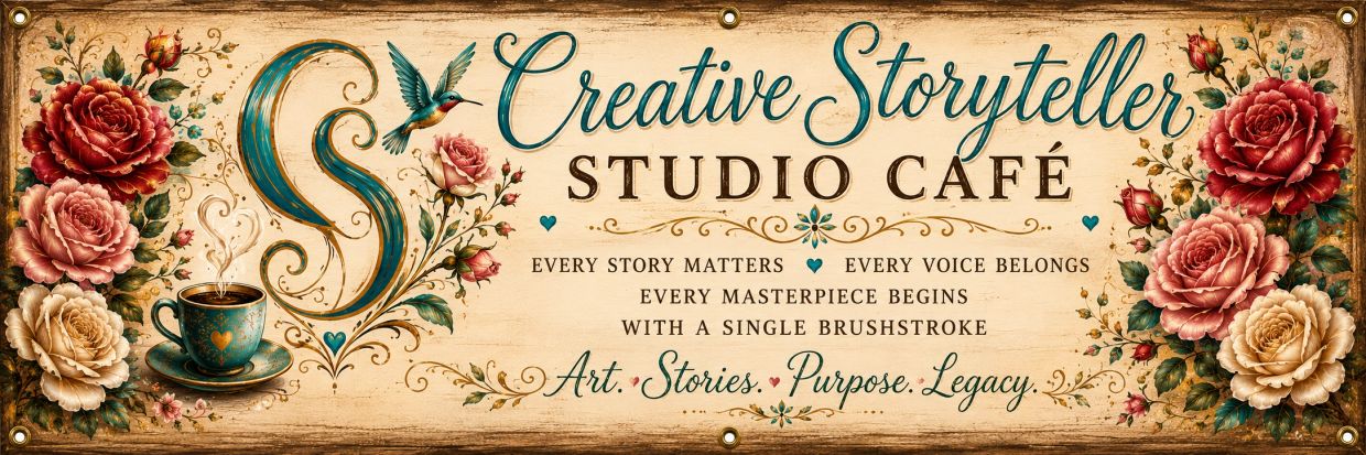 Vintage sign for Creative Storyteller Studio Café with floral and coffee cup art.