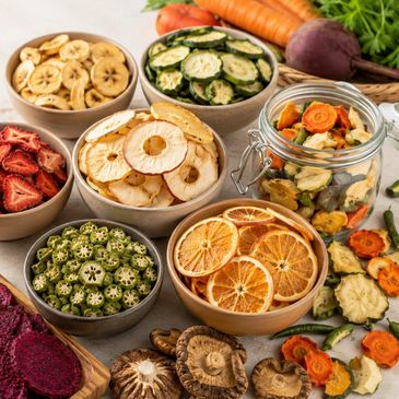 Bowls filled with various colorful dried fruits and vegetables on a wooden surface.