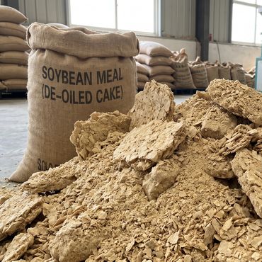 Piles of de-oiled soybean meal cakes next to a sack in an industrial setting.