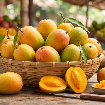 Fresh mangoes displayed in a basket at a market with a vendor in the background.