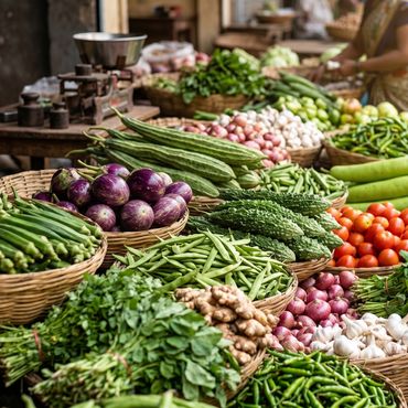 A vibrant market stall with fresh vegetables in woven baskets.