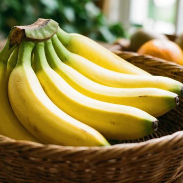 Fresh bananas in a wicker basket on a wooden table.