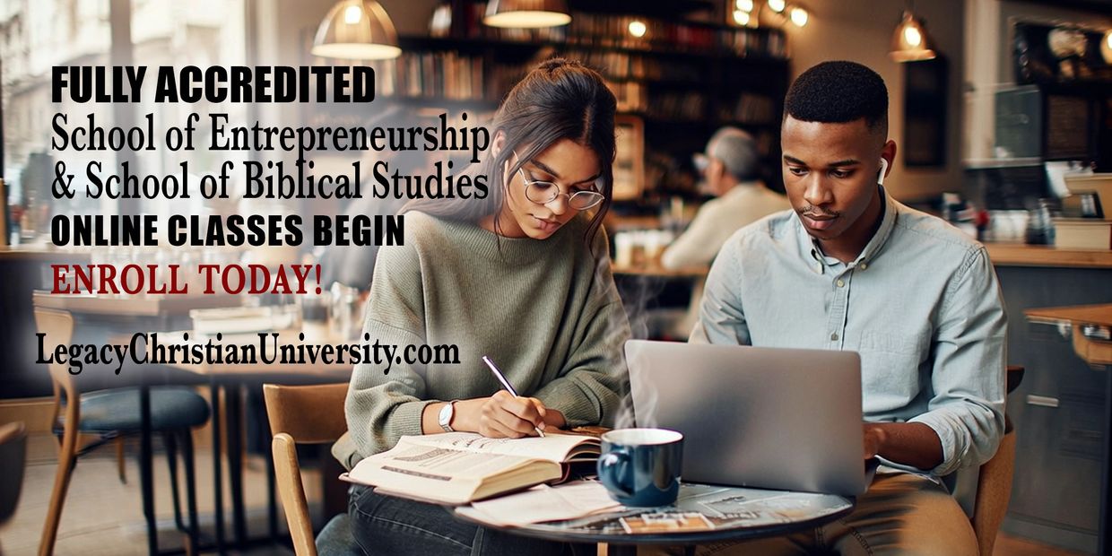 Students studying together in a cozy café, promoting online classes at Legacy Christian University.