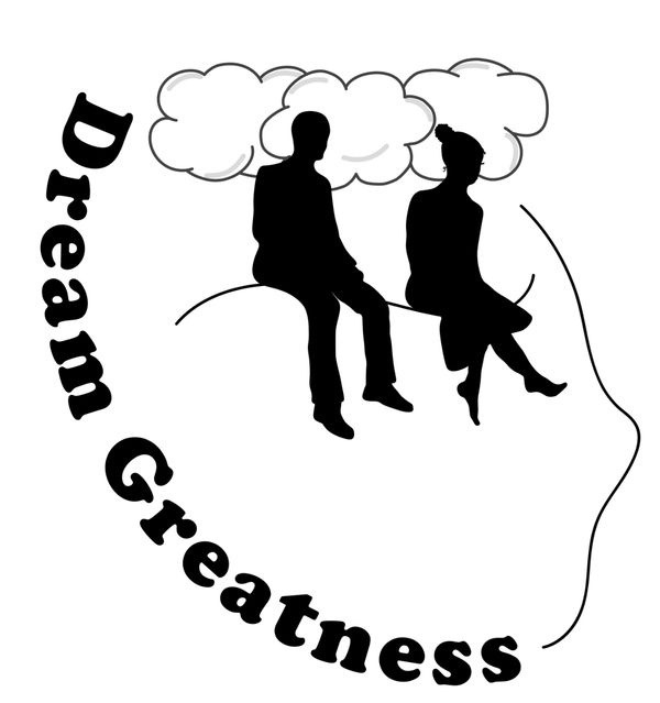 Silhouettes sitting with clouds and text 'Dream Greatness'.