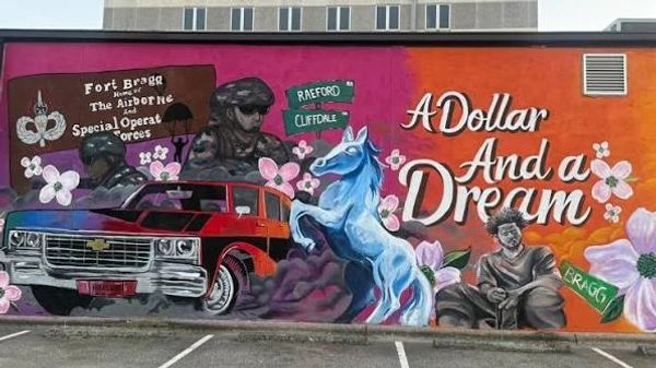 Colorful mural with military, car, and unicorn themes.