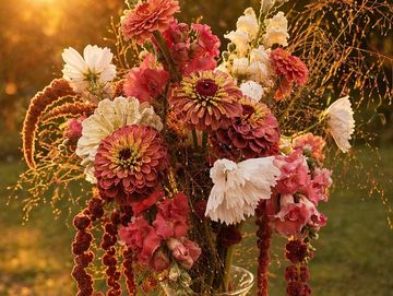 A bouquet of mixed flowers in soft sunset light.