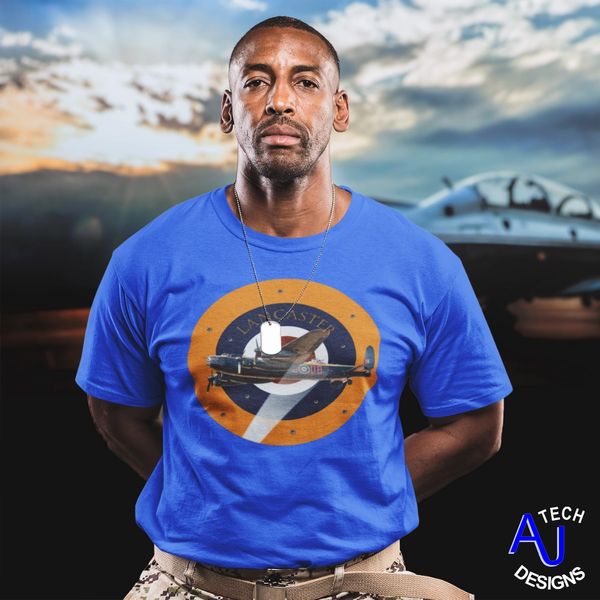 Veteran wearing AJtechdesigns Lancaster bomber in searchlight T-Shirt