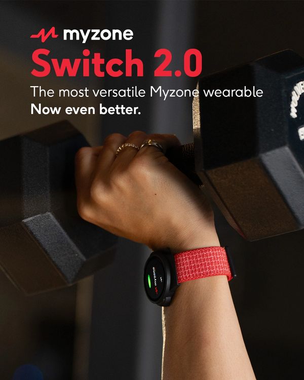 Myzone Switch 2.0 wearable on wrist during weightlifting.