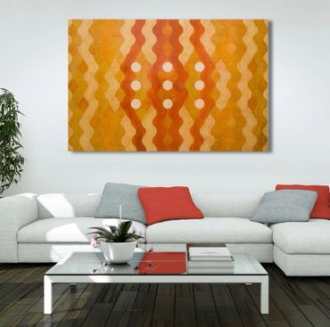 Orange painting with wavy lines of varying hues, with nine white circles hovering. nine