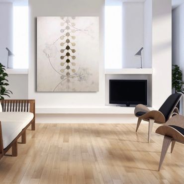 Painting of a spine like form floating with the platonic solids, installed in a virtual room.