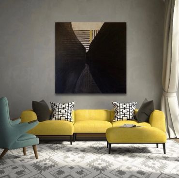 A large painting of a dark walkway leading through layers of paint to a symbolic background.