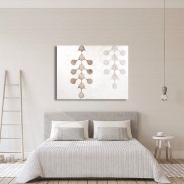 Painting of spine like forms floating, installed in a virtual bed room. Neuroaesthetics