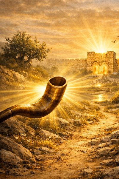 A glowing shofar horn shines on a sunlit path leading to ancient city gates.