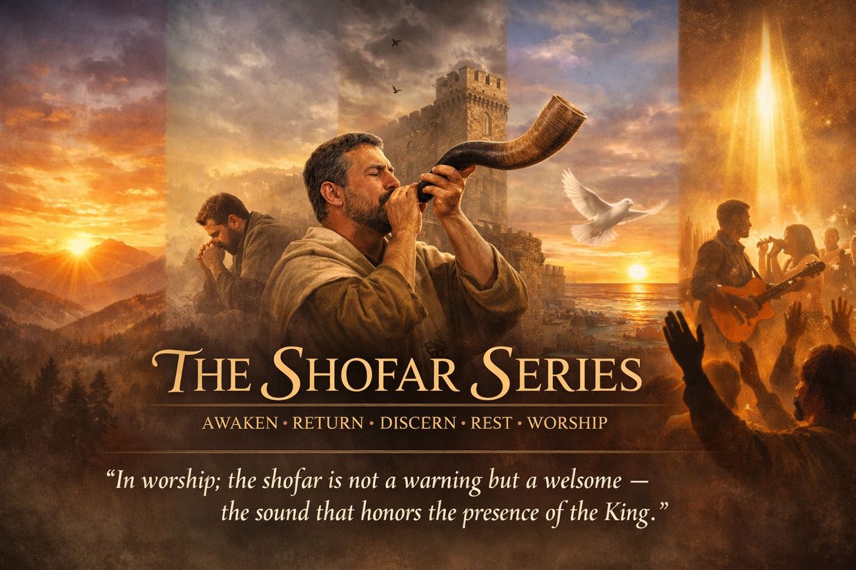 A man blows a shofar with scenes of worship and prayer surrounding him.