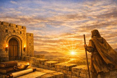 A cloaked figure watches the sunset from a castle wall with ancient artifacts nearby.