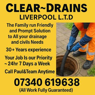 Clear Drains Liverpool offers 24/7 drainage and civil work with 30+ years experience, fully guaranteed.