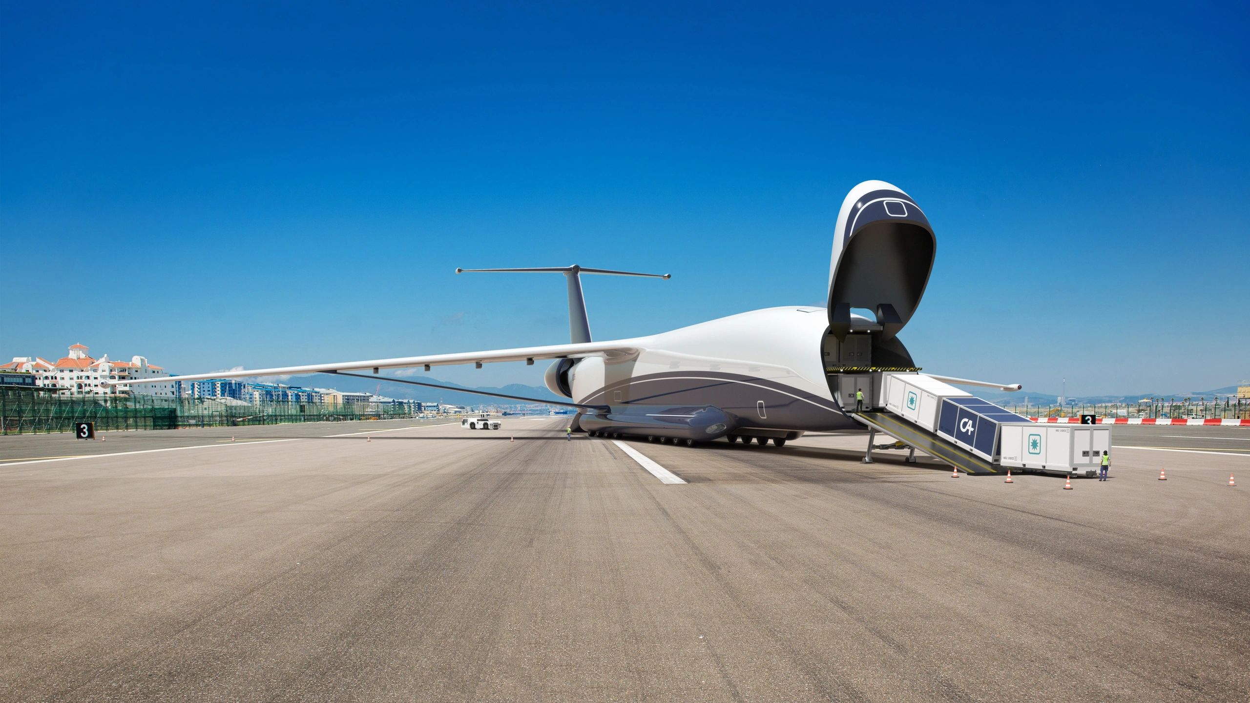 Droneliner being loaded - Future autonomous airfreight cargo drone loading shipping containers