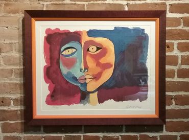 custom framed abstract art print with white mat and double wood frame