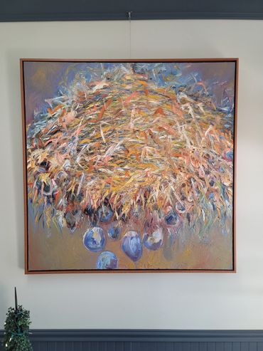 Original birds next canvas painting custom stretched and framed with float frame