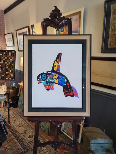 custom framed colorful whale artwork by Oliver Martin raised float