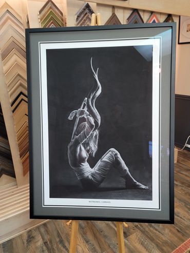 Graphite drawing “Restrained. I Unravel” by artist Jono Dry custom framed in Port Townsend