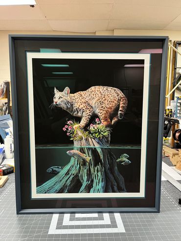 custom framed lynx artwork with dark frame and mat
