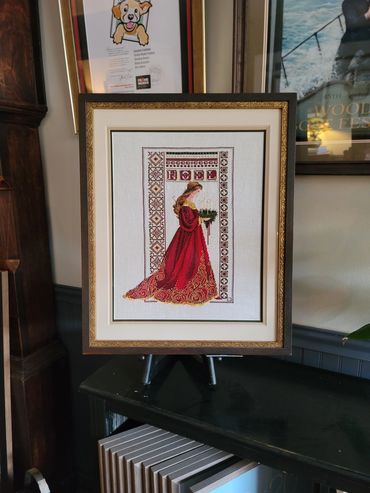 Needlepoint textile artwork professionally framed in our Port Townsend workshop.