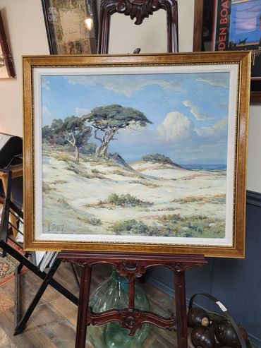 Original canvas painting stretched custom framed with fabric liner and gold moulding