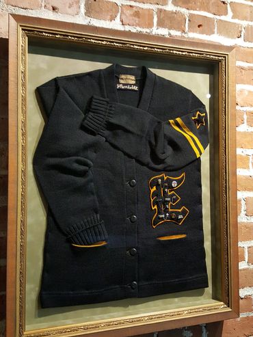 Custom shadowbox with 1930 letterman sweater at Frameworks Northwest