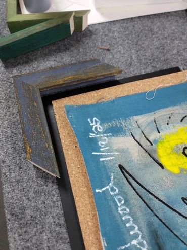 Original Milo canvas painting artist float custom rustic moulding