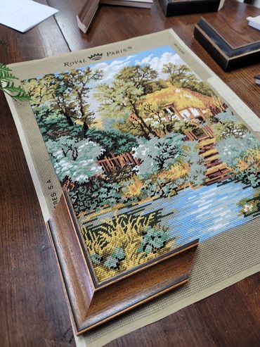 Needlepoint textile artwork professionally framed in our Port Townsend workshop.