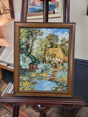 Needlepoint textile artwork professionally framed in our Port Townsend workshop.