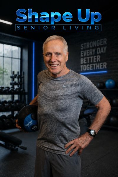 Senior man holding a medicine ball in a gym with motivational text.