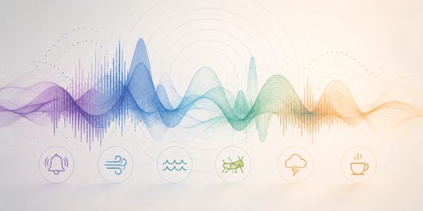 Colorful sound waves with icons representing different natural sounds.