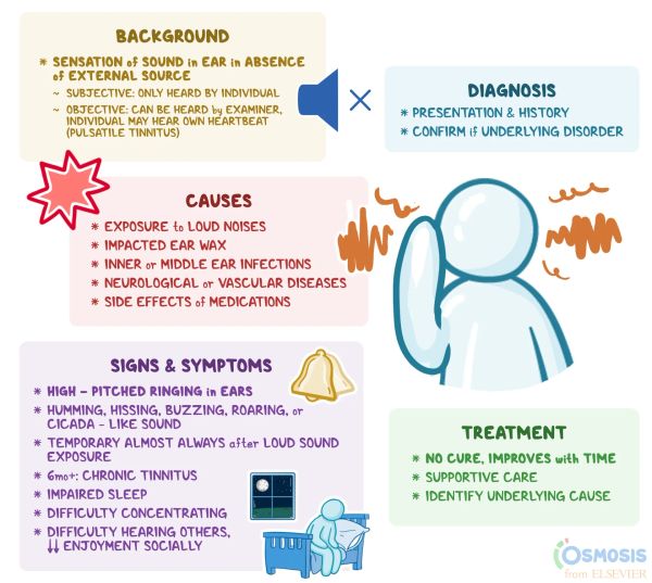 Infographic on tinnitus covering background, diagnosis, causes, symptoms, and treatment.